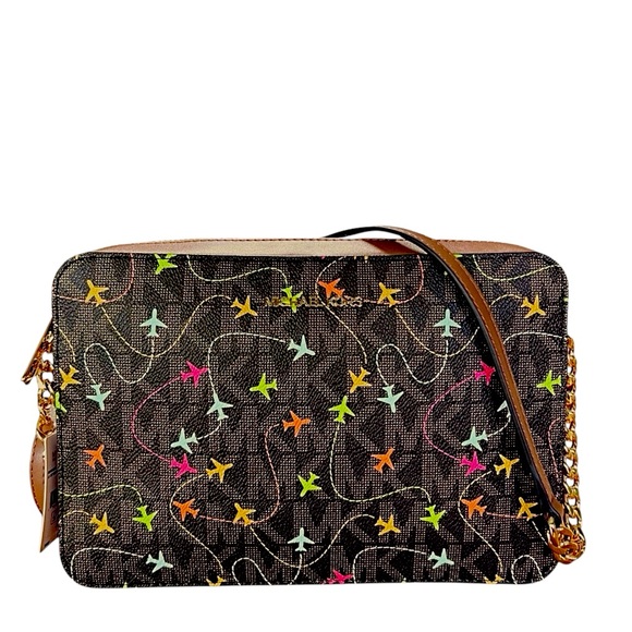 Michael Kors Jet Set Brown Multi East West Airplane Print Crossbody Bag, NWT - Picture 1 of 8